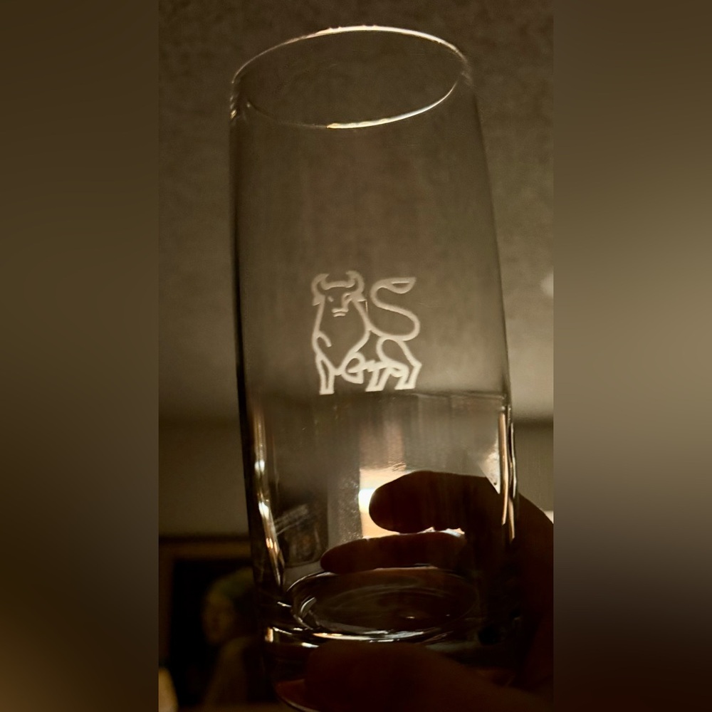 2 Merrill Lynch Bull, etched, highball glasses. 14oz. 6.5”H